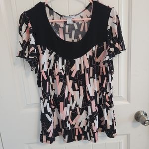 Dressbarn Black White Pink W/ Silver Accent Top Blouse Size Large